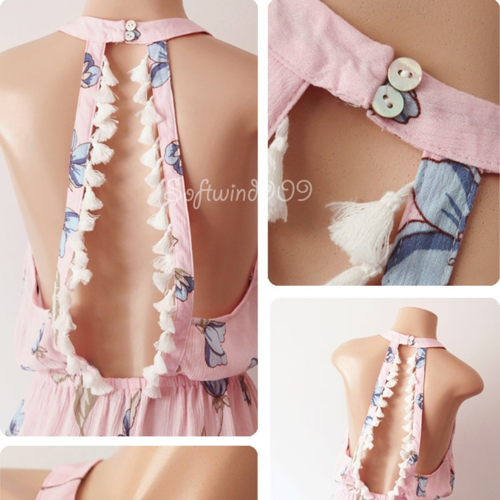 Last☝️ Pink Blue Tassel Open Back Halter Romper - Picture 7 of 8